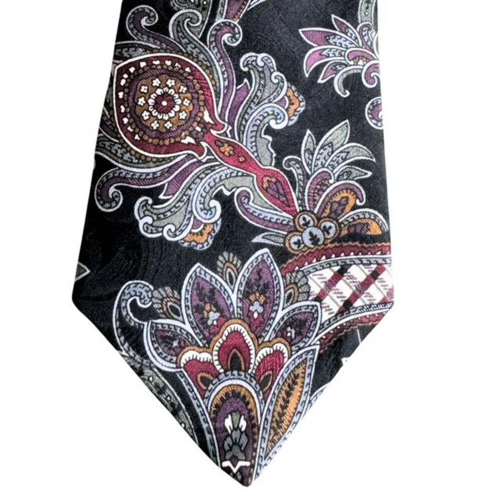 American Traditions Paisley Silk Tie Vintage 90s Black Burgundy Gold Wide 4"